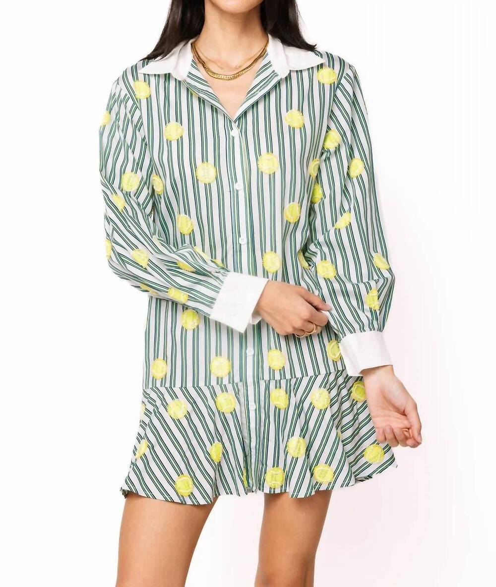 NEW QUEEN OF SPARKLES striped tennis ball cotton button up dress in green, white